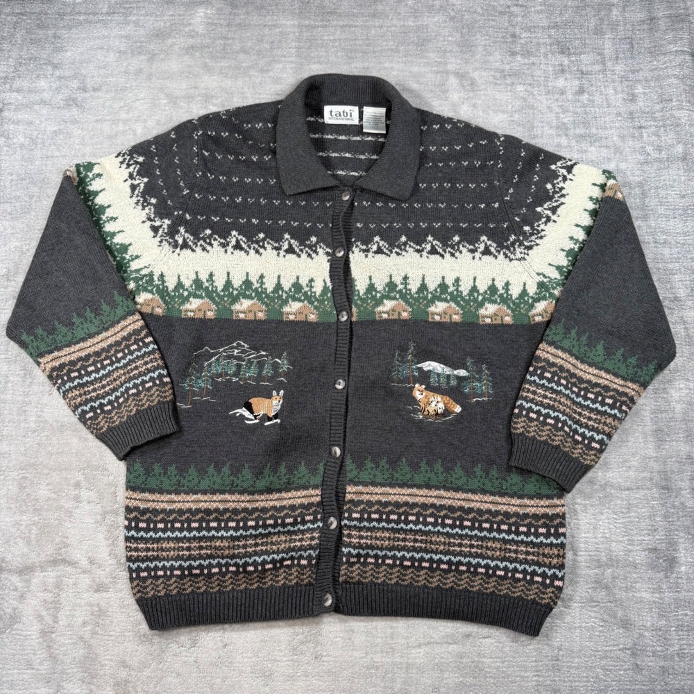 Tabi Sweater Womens XL Gray Vtg 90s Nature Fox Winter Scene Fair Isle Cardigain